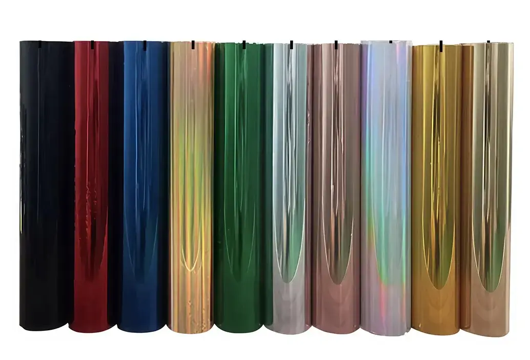 Foiling Film, 320 mm × 500 m, 3-inch core. Available colors include silver, laser silver, gold, laser gold, light gold, blue, purple, red, green, copper, rose gold, matte silver, matte gold, and more